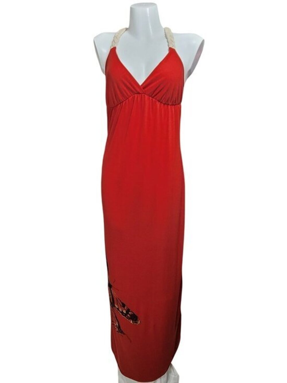 Red Halter Maxi Dress Butterfly Braided Rope Straps Racerback Large